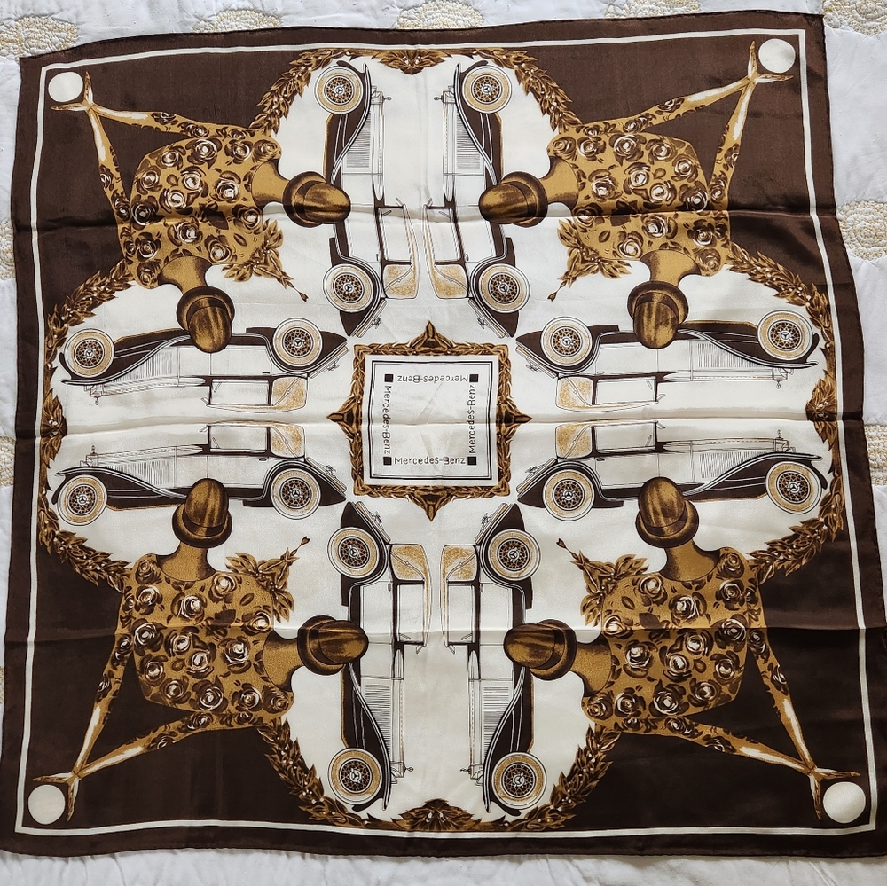 Mercedes Benz 100% Silk Art Deco Brown & Ivory Scarf  - Cars Flapper Roaring 20s
